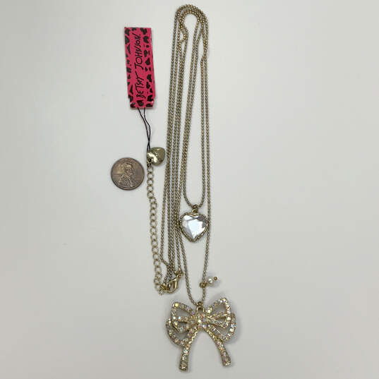 Designer Betsey Johnson Gold-Tone 2 Strand Rhinestone Bow Pendant Necklace image number 4