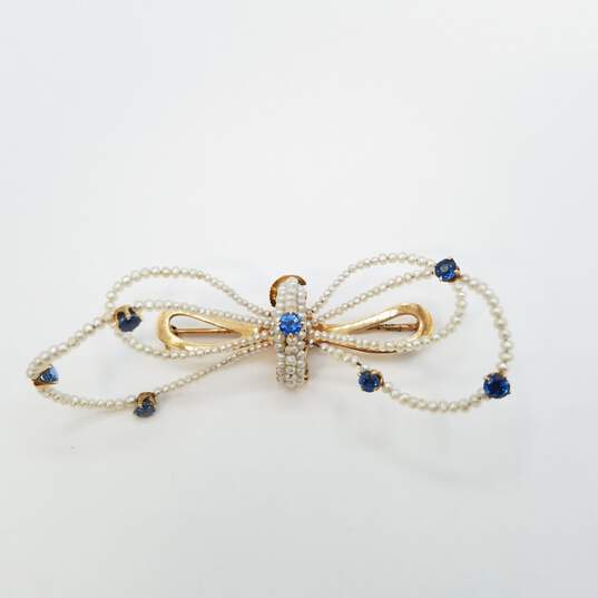 14K Gold Vintage Sapphire Seed Pearl Bow Tie 3in Brooch 7.5g image number 1