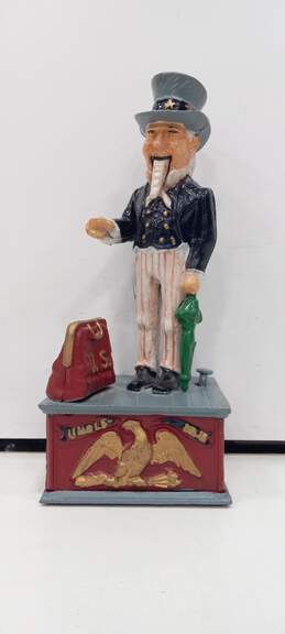Vintage Uncle Sam Themed Metal Coin Bank