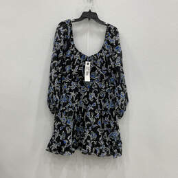 NWT Womens Blue Black Floral Long Sleeve Scoop Neck Mini Dress Size 1X