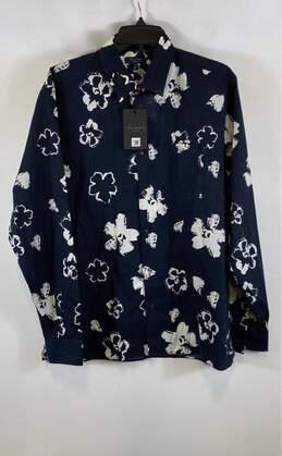 NWT Ted Baker Mens Blue Floral Cotton Collared Long Sleeve Button-Up Shirt Sz 4