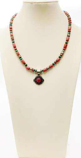 Carolyn Pollack 925 Southwest Rhodonite Scroll Pendant Turquoise Beaded Necklace