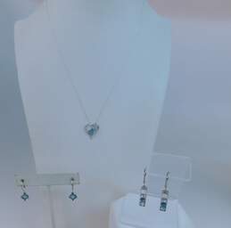 Contemporary 925 Faceted Blue Glass & Cubic Zirconia Heart Pendant Necklace & Aqua & Rhinestones Bar Drop Earrings 6.6g alternative image