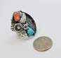 Artisan 925 Sterling Silver Coral & Turquoise Feather Scrolled Statement Ring For Repair 15.2g image number 4