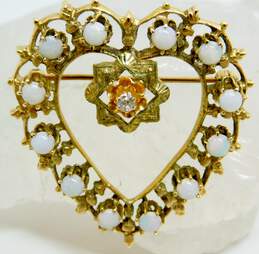 Antique 14K Yellow Gold 2.5mm Old Mine Cut Diamond & Opal Engraved Heart Brooch 8.3g
