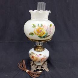 Vintage Underwirters' Laboratories Milk Glass Floral Hurricane Table Lamp