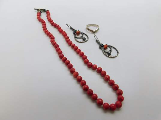 Rustic 925 Coral Ball Beaded Toggle Necklace Textured Teardrop Drop Earrings & Wavy Band Ring 37.5g image number 3