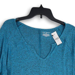 NWT Womens Blue Split Neck 3/4 Sleeve Ruched Pullover Blouse Top Size 18-20