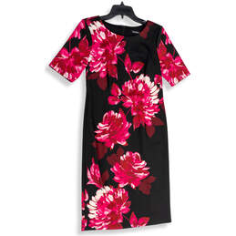 Womens Black Pink Floral Round Neck Back Zip Sheath Dress Size 4