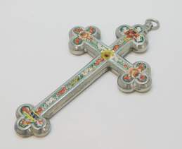 Vintage Silvertone Micro Mosaic Colorful Floral Inlay Cross Statement Pendant 63.8g alternative image