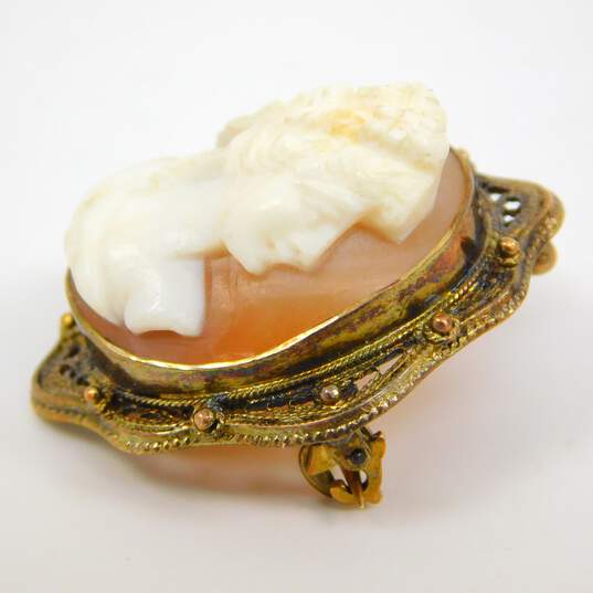 Vintage 10k Yellow Gold Carved Shell Lady Cameo Brooch Pin 5.1g image number 3