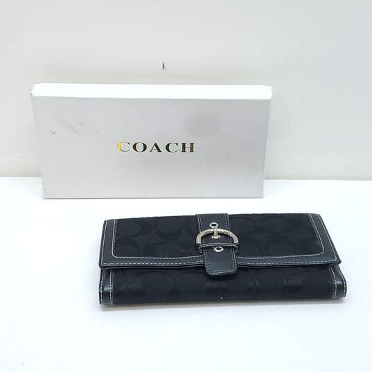 Coach Black Signature Jacquard Fabric & Leather Trim Checkbook Trifold image number 1
