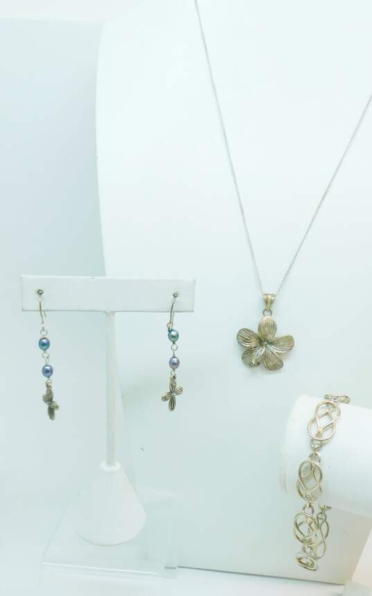 Artisan 925 Hibiscus Flower Pendant Necklace Dark Pearls & Cross Drop Earrings & Celtic Knot Paneled Bracelet 23.3g image number 2