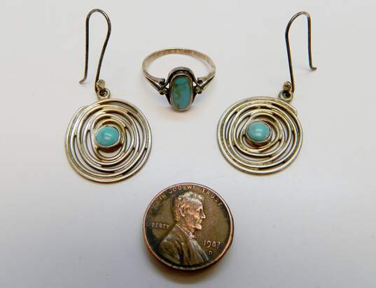 Artisan 925 Faux Turquoise Cabochon Spiral Circle Drop Earrings & Band Ring 8.5g image number 4