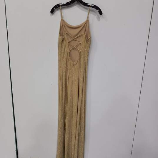 Bari Jay Gold Sequined Lace-Up Back Evening Gown Size 11-12 image number 2
