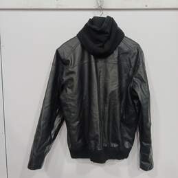 Guess Men's Black Leather Long Sleeve Straight Hem Hooded Full Zip Jacket Size XL