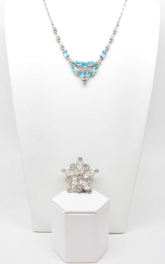 Vintage Icy Rhinestone Weiss Clear  Tiered Brooch & Bogoff Clear & Blue Necklace 31.9g image number 1