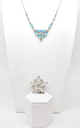 Vintage Icy Rhinestone Weiss Clear  Tiered Brooch & Bogoff Clear & Blue Necklace 31.9g