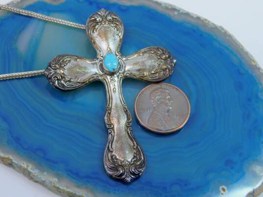 Towle Sterling 925 Southwestern Turquoise Cabochon Scrolled Spoon Cross Pendant Foxtail Chain Necklace 26.6g image number 3