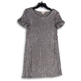 NWT Womens Silver Sequin Round Neck Short Sleeve Shift Dress Size XS