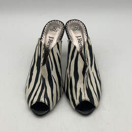 Womens Black White Zebra Print Leather Peep Toe Slip-On Mule Heels Size 8