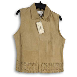NWT Womens Beige Leather Spread Collar Sleeveless Full-Zip Vest Size Medium