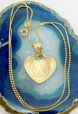 18K Gold Etched Capricorn Heart Pendant Fancy Ball Bead Chain Necklace 4.5g