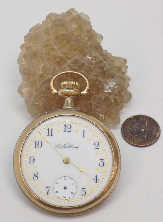 Vintage South Bend 17 Jewel Open Face Gold Filled Pocket Watch 79.9g image number 3