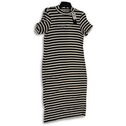 NWT Womens Black White Striped Mock Neck Stretch Midi Sheath Dress Size 12