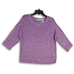 NWT Womens Purple Sequin Knitted Round Neck Pullover Blouse Top Size PXL