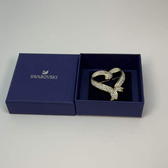 Designer Swarovski Gold-Tone Clear Rhinestone Heart Shape Brooch Pin w/ Box image number 3