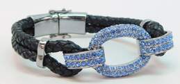 Designer Joan Boyce Braided Black Leather Blue Crystal Pave Bracelet