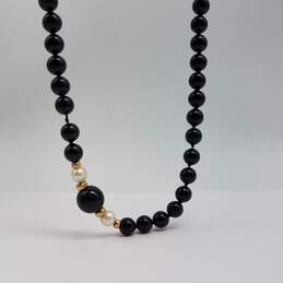 14k Gold Onyx Bead Fw Pearl 32 Inch Endless Collar Necklace 75..0g