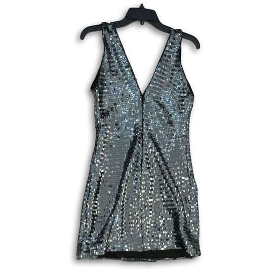 Womens Silver Sequin Sleeveless V-Neck Back Zip Mini Dress Size XS image number 2