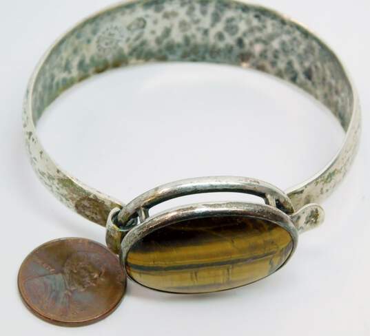 Vintage Taxco Mexico 925 Modernist Tigers Eye Oval Cabochon Hook Tapered Bangle Bracelet 34.9g image number 6