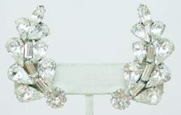 Vintage Weiss Silvertone Icy Rhinestones Leaf Clip On Earrings