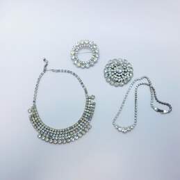 Vintage Icy Rhinestone Silver Tone Statement Necklaces Open Circle & Tiered Brooches 101.0g