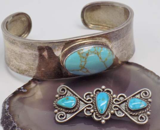 Southwestern Artisan 925 Sterling Silver Faux Turquoise Brooch & Cuff Bracelet 37.2g image number 4