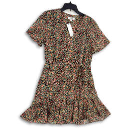 NWT Womens Multicolor Floral Surplice Neck Ruffle Hem A-Line Dress Size M