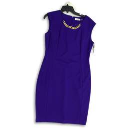 Calvin Klein Womens Purple Gold Sleeveless Back Zip Midi Sheath Dress Size 12