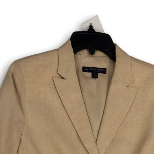 Womens Beige Peak Lapel Single Breasted Three Button Blazer Size 8 image number 3