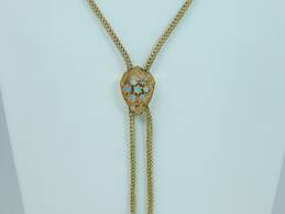 Vintage 14k Yellow Gold Etched Shield Opal Tassel Lariat Necklace 33.5g alternative image