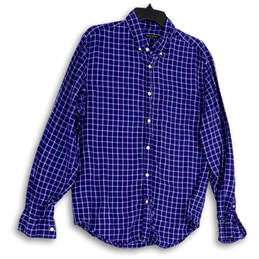Mens Blue White Check Long Sleeve Collared Button-Up Shirt Size Medium