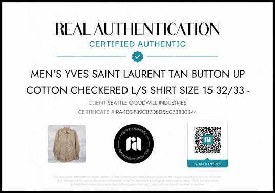 Yves Saint Laurent Men's Tan Button Up Cotton Long Sleeve Size 15 32/33 w/COA image number 2
