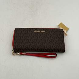 NWT Michael Kors Womens Brown Red Leather Monogram Zip-Around Wallet Clutch