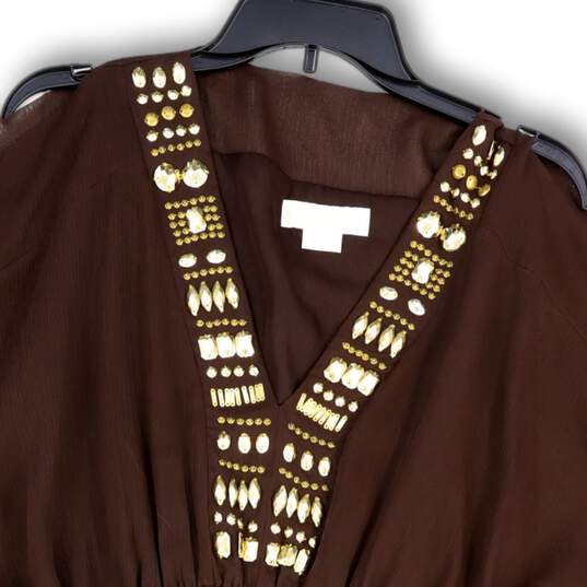 Womens Brown Gold Embellished Short Sleeve Elastic Waist Tunic Top Size L image number 3