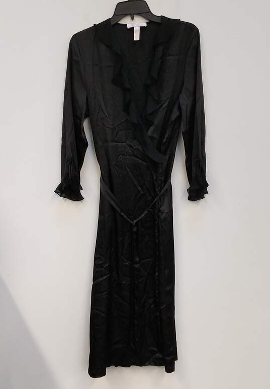 Womens Black Ruffle Neck 3/4 Sleeve Belted Sleepwear Robe Size Medium image number 1