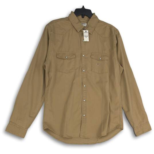NWT Express Mens Tan Khaki Long Sleeve Collared Button-Up Shirt Size Medium image number 1