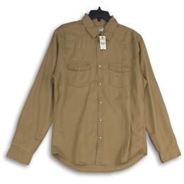 NWT Express Mens Tan Khaki Long Sleeve Collared Button-Up Shirt Size Medium