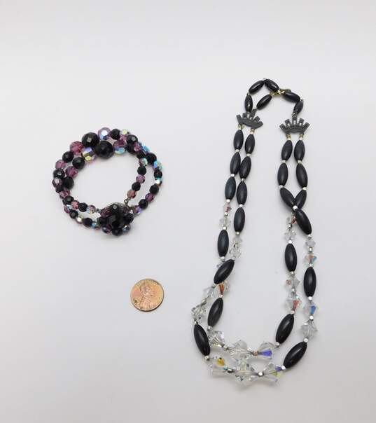 Vintage Icy Aurora Borealis & Black Beaded Multi Strand Necklace & Bracelet 63.5g image number 5
